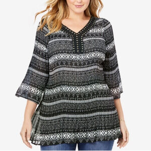 Woman Within Top Womens 2X Embellished Pleated V-Neck 3/4 Sleeve Black White